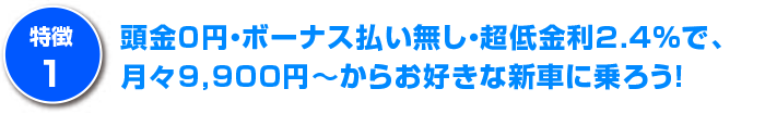 頭金０円・ボーナス払い無し・超低金利2.4%で、月々9,900円からお好きな新車に乗ろう！